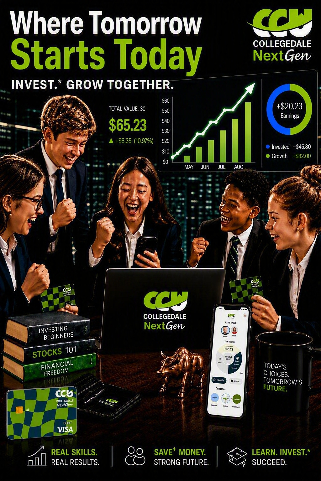 Photo of kids investing with NexGen. Where Tomorrow Starts Today. Invest.* Grow Together.